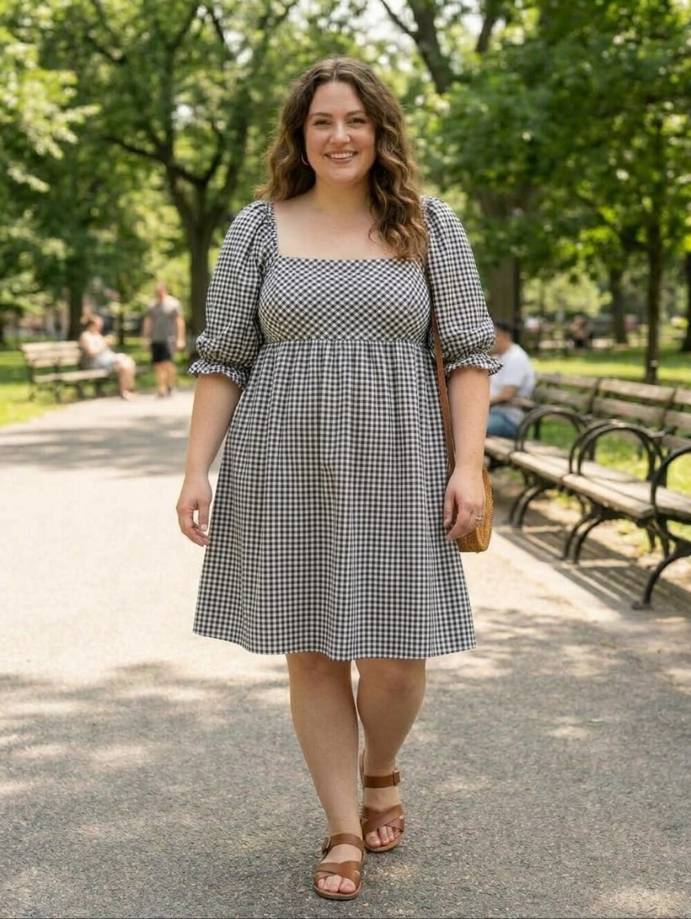 Black & White Gingham Long-Sleeve Peasant Dress